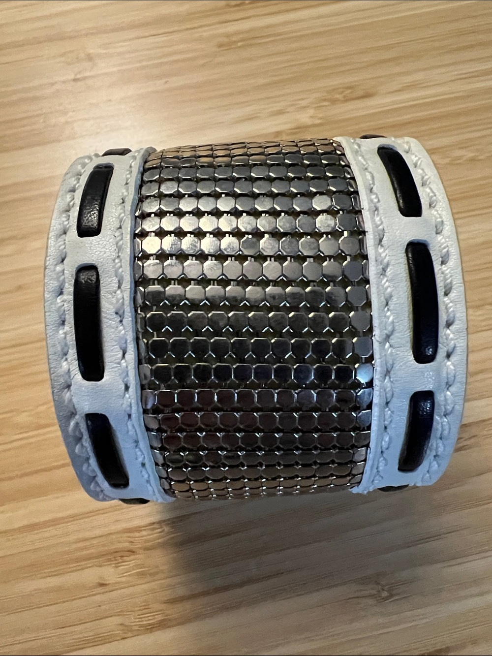 Versace White Leather Cuff Bracelet with Silver Hex Mosaic